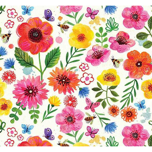 bright colourful floral fabric, looks like the flowers, bumble bees and butterflies are hand painted
